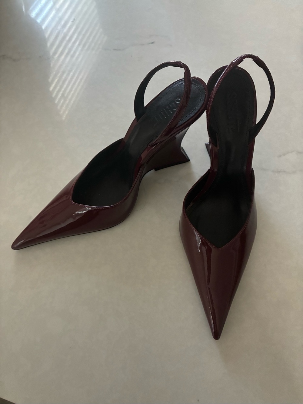 Patent Burgundy Pointed-Toe Slingback Heels